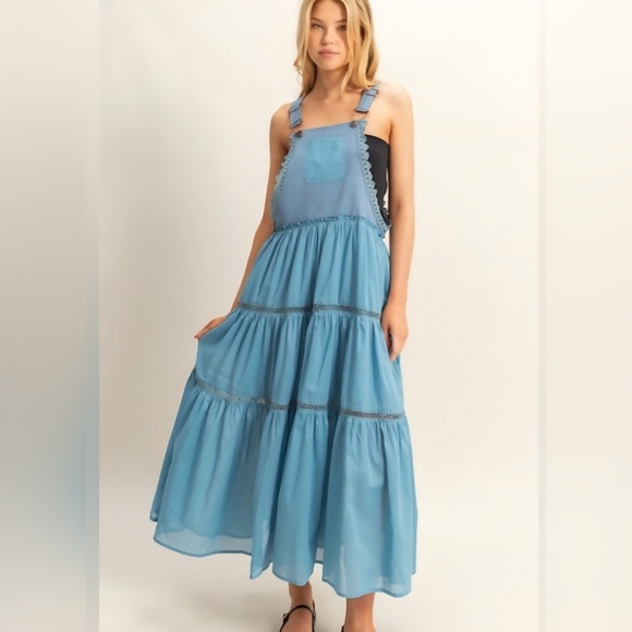 HYFVE Size Large Overall Midi Dress Cottagecore Boho Farmcore Dress Cotton Blue - Picture 2 of 11